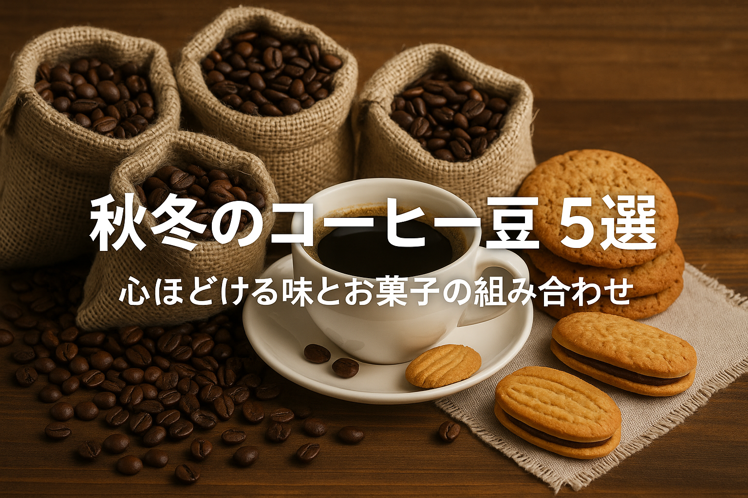 秋冬のコーヒー豆5選」特集用のビジュアル。焙煎されたコーヒー豆が入った麻袋が並び、中央には湯気の立つコーヒーカップとクッキー、ビスケットが添えられている。木のテーブルの上で温もりを感じる秋冬らしい雰囲気の構図。